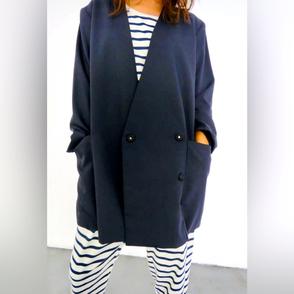 Mr. Larkin XS Julia Blazer Oversized Jacket Chore Lab Coat Navy Lined Worn Once - Picture 1 of 16